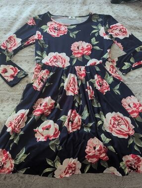 Floral Navy Long-Sleeve Fit & Flare Dress